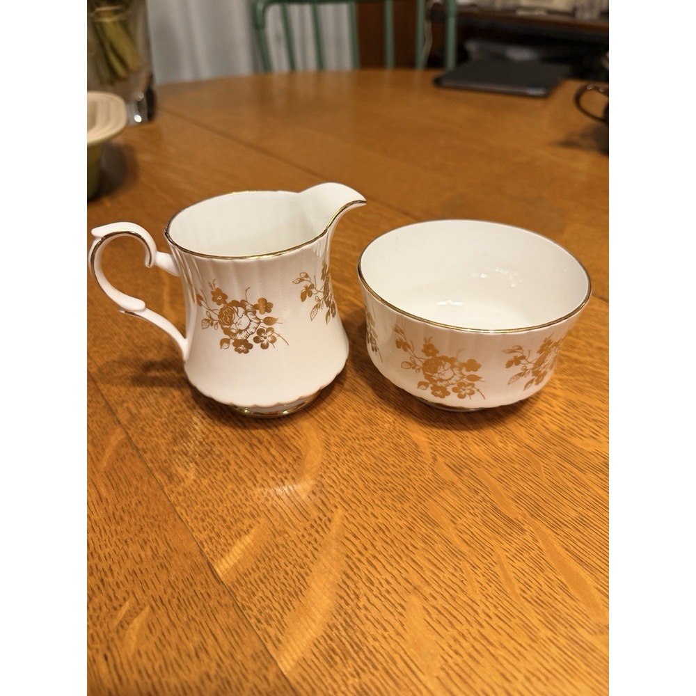 Royal Stafford Princess Bone China Cream & Sugar Bowl Gold Flowers MINT